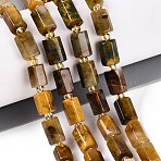 Natural Tiger Quartz Beads Strands, Hexagonal Prism, with Glass Beads, 6~9x6~6.5x5.5~6mm, Hole: 1~1.2mm, about 34~35pcs/strand, 14.76~15.35 inch(37.5~39cm)(G-Q608-25)
