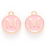Golden Plated Alloy Enamel Charms, Cadmium Free & Lead Free, Enamelled Sequins, Flat Round with Letter, Pink, Letter.M, 14x12x2mm, Hole: 1.5mm(ENAM-S118-07M)
