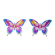 Ion Plating(IP) 201 Stainless Steel Filigree Joiners Links, Etched Metal Embellishments, Butterfly, Rainbow Color, 24x30x0.2mm, Hole: 1.2mm(X1-STAS-S118-097)