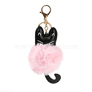 Cute Cat PU Leather & Imitate Rex Rabbit Fur Ball Keychain, with Alloy Clasp, for Bag Car Key Decoration, Pink, 18cm(KEYC-C005-01A)