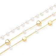 Brass Handmade Beaded Chain, Curb Chains, with CCB Plastic Imitation Pearl Bead & Brass Heart and Square Beads, Long-Lasting Plated, Soldered, Golden, Beads: 4~6x4~6x3~4mm, about 3.28 Feet(1m)/Strand(CHC-XCP0001-14)