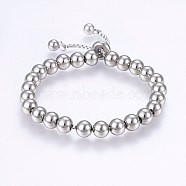 Adjustable 304 Stainless Steel Slider Bracelets, Round, Stainless Steel Color, 10-1/4 inch(26cm), 8mm(BJEW-F330-09P)
