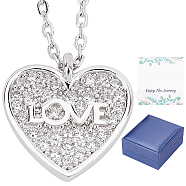 CREATCABIN Rhodium Plated 925 Sterling Silver Pendant Necklace, Clear Cubic Zirconia Double Heart with Love Word Pendant Necklace with Card for Women, Platinum, 17.71~19.68 inch(45~50cm)(SJEW-CN0001-01A)