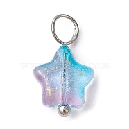 Glass Pendant, with Brass Findings, Star, Sky Blue, 13.5~14x8x4mm, Hole: 3mm(PALLOY-JF02337-40A)