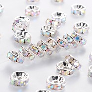 Brass Rhinestone Spacer Beads, Grade A, Straight Flange, Silver Color Plated, Rondelle, Crystal AB, 8x3.8mm, Hole: 1.5mm(RB-A014-Z8mm-28S)