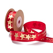 Polyester Ribbon, Star Pattern with Word Merry Christmas, Red, 1 inch(26mm), about 10yards/roll(SRIB-P018-B02)