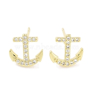 Brass Micro Pave Clear Cubic Zirconia Studs Earring, Anchor, Anchor & Helm, 9.5x10mm(EJEW-S217-G19)