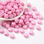 Opaque Acrylic Beads, Horizontal Hole, Mixed Letters, Flat Round with Letter, Random Letters, Pearl Pink, 7x4mm, Hole: 1.5mm, about 3700pcs/500g(MACR-S273-11G)