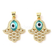Brass Cubic Zirconia Pendants, with Lampwork, Real 18K Gold Plated, Hamsa Charm, Turquoise, 24x20.5x4mm, Hole: 5x3.5mm(KK-K338-01G-05)