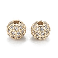Brass Micro Pave Clear Cubic Zirconia Beads, Long-Lasting Plated, Round, Real 14K Gold Plated, 6mm, Hole: 1.4mm(ZIRC-D274-02G-01)