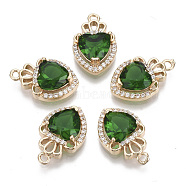 Glass Pendants, with Micro Pave Cubic Zirconia and Brass Open Back Settings, Faceted, Heart with Crown, Light Gold, Green, 17.5x11.5x5.5mm, Hole: 1.4mm(X-GLAA-T021-14A)