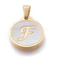 304 Stainless Steel Pendants, with Shell, Flat Round with Alphabet, Golden, Letter.F, 20.5x18x2.5mm, Hole: 7x4mm(STAS-O138-21p-F)