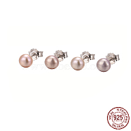 Valentine Presents for Her 925 Sterling Silver Ball Stud Earrings, with Pearl Beads, Pink, 16x4.5mm, Pin: 0.6mm(EJEW-D029-4.5mm-1)