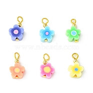 Handmade Polymer Clay Pendants, with Iron Findings, Flower Charm, Golden, 16x9.5x4mm, Hole: 2~3mm, 6 colors, 1pc/colors, 6pcs/set(PALLOY-JF02386-01)