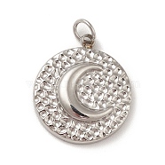304 Stainless Steel Charms, with Jump Ring, Textured, Flat Round with Moon Pattern, Stainless Steel Color, 14x12x2.5mm, Hole: 2.5mm(STAS-G295-01P)