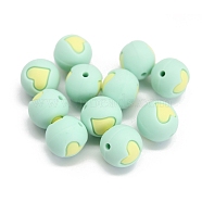 Round with Heart Pattern Food Grade Silicone Beads, Chewing Beads For Teethers, DIY Nursing Necklaces Making, Aquamarine, 15mm(PW-WG95999-07)