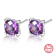 Rhodium Plated Platinum 925 Sterling Silver Stud Earrings, with Square Cubic Zirconia, with 925 Stamp, Purple, 7x7mm(TU8088-2)