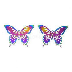 Ion Plating(IP) 201 Stainless Steel Filigree Joiners Links, Etched Metal Embellishments, Butterfly, Rainbow Color, 24x30x0.2mm, Hole: 1.2mm(X1-STAS-S118-097)