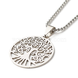 Flat Round with Tree of Life Pendant Necklace for Girl Women, 304 Stainless Steel Venetian Chain Necklace, Stainless Steel Color, 17.72 inch(45cm)(NJEW-JN03711)