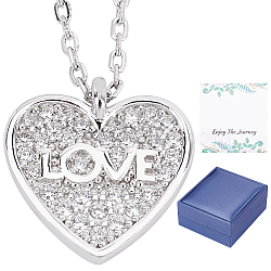 CREATCABIN Rhodium Plated 925 Sterling Silver Pendant Necklace, Clear Cubic Zirconia Double Heart with Love Word Pendant Necklace with Card for Women, Platinum, 17.71~19.68 inch(45~50cm)(SJEW-CN0001-01A)