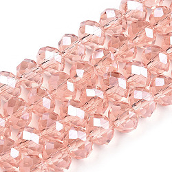Electroplate Glass Beads Strands, Pearl Luster Plated, Faceted, Rondelle, Salmon, 8x6mm, Hole: 1mm, about 65~72pcs/strand, 15.7~16.1 inch(40~41cm)(EGLA-A034-T8mm-A34)