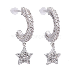 Brass Micro Pave Clear Cubic Zirconia Stud Earrings, Half Hoop Earrings, with Plastic Ear Nut, Long-Lasting Plated, Star, Platinum, 28.5mm, Pin: 0.8mm(EJEW-K083-15P)