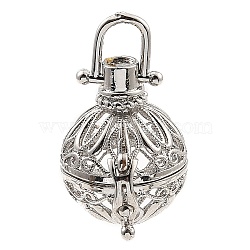 Rack Plating Brass Bead Cage Pendants, For Chime Ball Pendant Necklaces Making, Long-Lasting Plated, Round, Platinum, Tray: 16.5mm, 31.5x23x18mm, Hole: 5.6x5.4mm(KK-D025-01A-P)