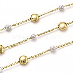 Handmade Brass Curb Chains, with Acrylic Imitation Pearl and Spool, Long-Lasting Plated, Soldered, Golden, Link: 1.8x1.4x0.4mm(CHC-L039-39G)