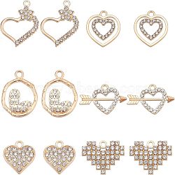 SUPERFINDINGS 48Pcs 6 Style Alloy Pendants, with Crystal Rhinestone, Cadmium Free & Nickel Free & Lead Free, Light Gold, Heart, Crystal, 15.5~26x15~24x2~2.5mm, Hole: 1.6~2mm, 8pcs/style(FIND-FH0004-12)