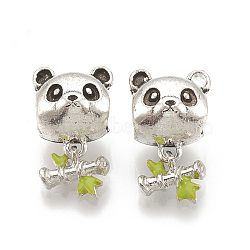 Alloy European Dangle Charms, Large Hole Pendants, with Enamel, Panda with Bamboo, Antique Silver, 17.5mm, Hole: 5mm, 7.5x8.5mm(MPDL-S066-034)