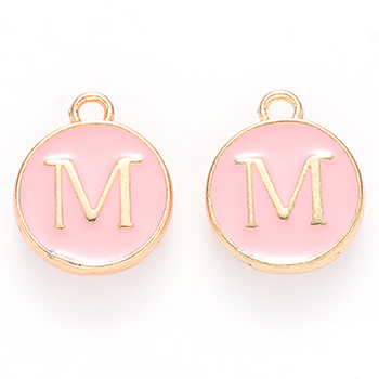 Golden Plated Alloy Enamel Charms, Cadmium Free & Lead Free, Enamelled Sequins, Flat Round with Letter, Pink, Letter.M, 14x12x2mm, Hole: 1.5mm