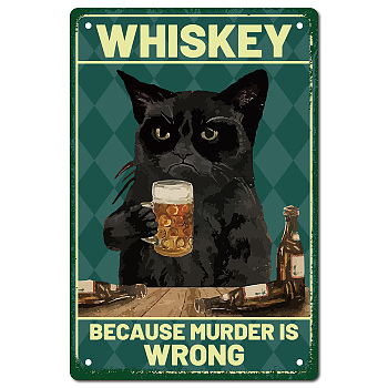 Iron Sign Posters, Vertical, for Home Wall Decoration, Rectangle with Word Whiskey Because Murder is Wrong, Cat Pattern, 300x200x0.5mm