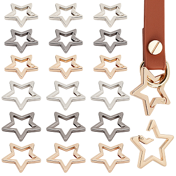 WADORN 18Pcs 6 Styles Zinc Alloy Spring Gate Rings, Star, Mixed Color, 33~42x31~39x3.6mm, Inner Diameter: 18~26mm, 3pcs/style