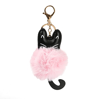 Cute Cat PU Leather & Imitate Rex Rabbit Fur Ball Keychain, with Alloy Clasp, for Bag Car Key Decoration, Pink, 18cm