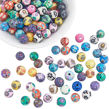 120Pcs Handmade Flower Pattern Polymer Clay Beads, Round, Mixed Color, 9~10mm, Hole: 1~2mm
