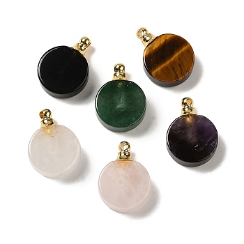 Natural Mixed Gemstone Perfume Bottle Pendants, Flat Round Charms with Golden Plated 304 Stainless Steel Findings, 27.5x20x7~7.5mm, Hole: 2mm