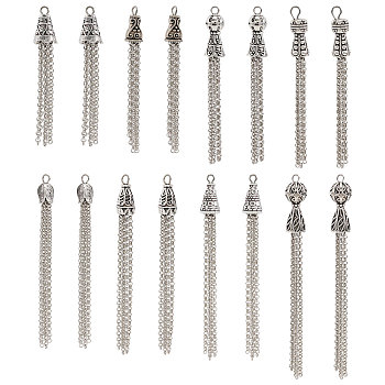 16Pcs 8 Styles Tibetan Style Zinc Alloy Tassels Big Pendants, Antique Silver, 53~87x7~9mm, Hole: 2~2.5mm, 2pcs/style