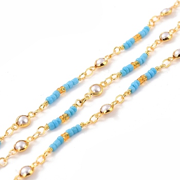 Handmade Brass Beaded Chains, with Glass Flat Round Link & Seed Beads, Long-Lasting Plated, Soldered, with Spool, Golden, Sky Blue, Link: 10x4.5x2.5mm, 2.5x1~3mm