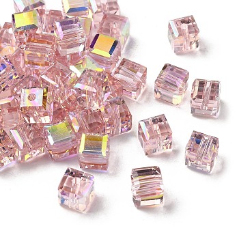 Electroplated Glass Beads, Cube, Faceted, Half Plated, Pink, 7x7x7mm, Hole: 1.6mm