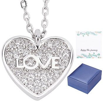 CREATCABIN Rhodium Plated 925 Sterling Silver Pendant Necklace, Clear Cubic Zirconia Double Heart with Love Word Pendant Necklace with Card for Women, Platinum, 17.71~19.68 inch(45~50cm)