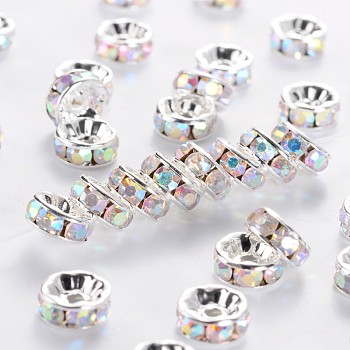 Brass Rhinestone Spacer Beads, Grade A, Straight Flange, Silver Color Plated, Rondelle, Crystal AB, 8x3.8mm, Hole: 1.5mm