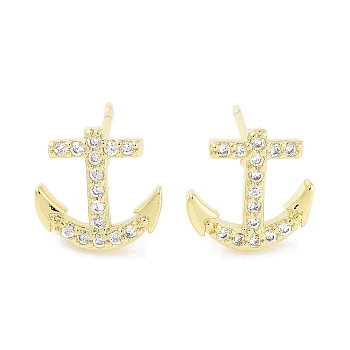 Brass Micro Pave Clear Cubic Zirconia Studs Earring, Anchor, Anchor & Helm, 9.5x10mm