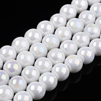Electroplate Opaque Glass Beads Strands, AB Color Plated, Round, White, 6~6.5mm, Hole: 1.4mm, about 67~70pcs/strand, 14.76 inch~15.16 inch(37.5~38.5cm)