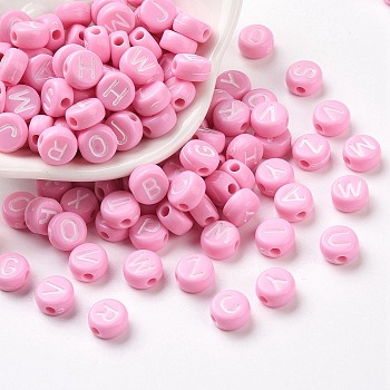 Opaque Acrylic Beads, Horizontal Hole, Mixed Letters, Flat Round with Letter, Random Letters, Pearl Pink, 7x4mm, Hole: 1.5mm, about 3700pcs/500g