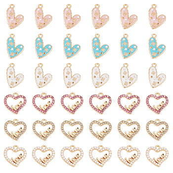 36pcs 6 style Alloy Enamel Pendants, with ABS Plastic Imitation Pearl and Rhinestone, Heart, Golden, 14.5~21x14.5x2.5~4mm, Hole: 1.6mm, 6pcs/style
