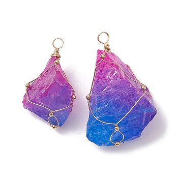 Electroplated Raw Rough Natural Quartz Crystal Big Pendants, Nuggets Charms with Light Gold Plated Copper Wire Wrapped, Magenta, 46~65x31.5~46.5x20~29mm, Hole: 4.5~5.5mm