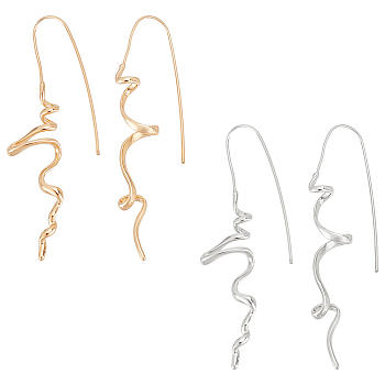 2Pairs 2 Colors Brass Irregular Line Dangle Earrings, Platinum & Golden, 71x10mm, Pin: 1mm, 1pair/color