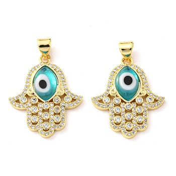 Brass Cubic Zirconia Pendants, with Lampwork, Real 18K Gold Plated, Hamsa Charm, Turquoise, 24x20.5x4mm, Hole: 5x3.5mm