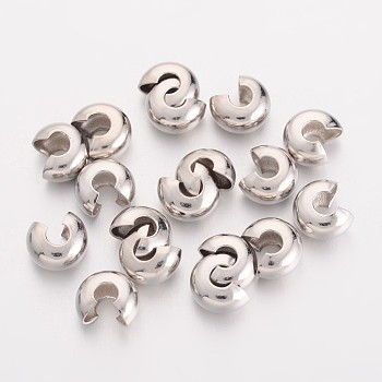 Brass Crimp Beads Covers, Nickel Free, Round, Platinum Color, About 5mm In Diameter, 4mm Thick, Hole: 2mm, about 120pcs/20g
