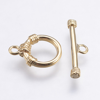 Brass Toggle Clasps, Ring, Long-Lasting Plated, Real 18K Gold Plated, Nickel Free, Ring, 14.5x11x3mm, Hole: 1.5mm, Bar: about 20x6x3mm, hole: 1.5mm.